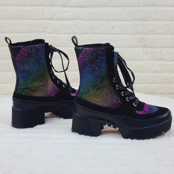White Rainbow Rhinestone Chunky Heel Combat Boots - Wild Diva - Final Sale